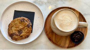 Chocolate chip cookie and latte   at Plant Dragon in Leuven