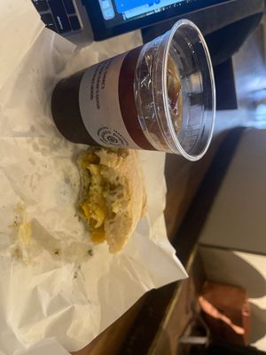 Just Egg with iced coffee   at Think Coffee - Eighth Ave in New York City