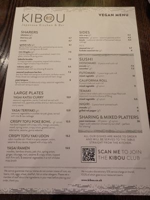 Vegan menu at KIBOU Japanese Kitchen & Bar in Bristol