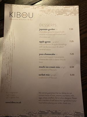 Dessert menu  at KIBOU Japanese Kitchen & Bar in Bristol