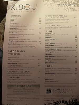 Vegan menu  at KIBOU Japanese Kitchen & Bar in Bristol