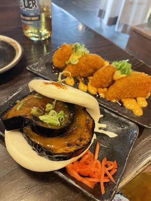 Bao bun + pumpkin croquette starter   at KIBOU Japanese Kitchen & Bar in Bristol