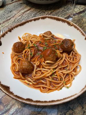 Linguini with spicy meatballs and truffled
tomato   at Jardineiro - Vegan Kitchen in Porto