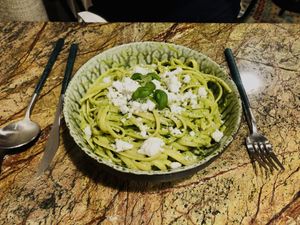 Spinach pesto and feta linguine   at Jardineiro - Vegan Kitchen in Porto
