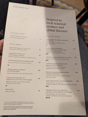 Starter and main menu at Jardineiro - Vegan Kitchen in Porto