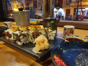 Rolls mit Shiitake, Spargel, Aubergine tempura at Arume Sake Bar in Mallorca