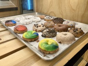 Tray of vegan donuts left at night  at SloDoCo in Atascadero