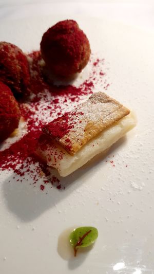 soy milk sorbet with buckwheat biscuit (dessert) - close-up at The Restaurant Pendolino in Sydney