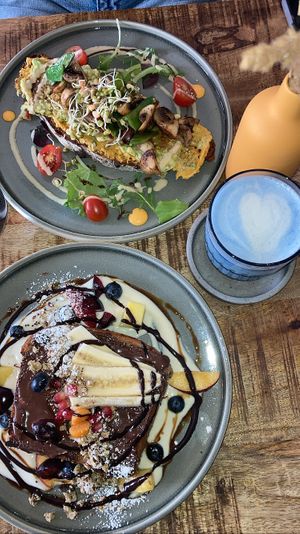 Top: avocado toast with mushrooms and peas: so damn good. Bottom: brioche French toast: fluffy and delicious   at Alua Catering Cafe in Dresden