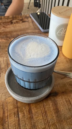 Blue spirulina latte: prettier than it tastes but still tasty   at Alua Catering Cafe in Dresden