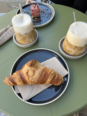 croissant & strawberry raw cake with iced (banana) lattes   at Alua Catering Cafe in Dresden