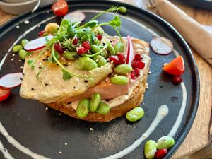 Leberkäse with "egg" on brioche at Alua Catering Cafe in Dresden