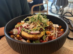 „Shakshuka“ with chickpea pancakes   at Alua Catering Cafe in Dresden