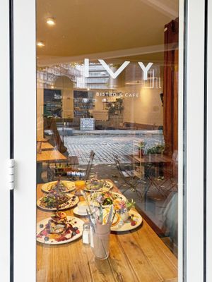 Laid breakfast table at IVY Bistro & Café in Hamburg