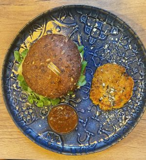 Vegan tofu burger, homemade ketchup, sweet potato patty  at Taflo in Bruck An Der Mur
