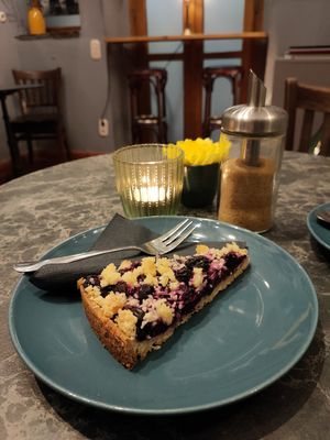 Lovely blueberry crumble at Café Camus in Bonn