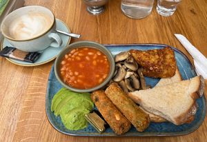 Veggie breakfast with egg swapped for extra sausage at Nomad Cafe and Deli in Harrogate