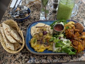 Vegan Royal Mezze and Green Reviver Smoothie at Nomad Cafe and Deli in Harrogate