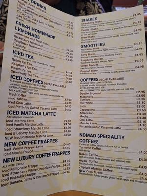 Drinks menu at Nomad Cafe and Deli in Harrogate