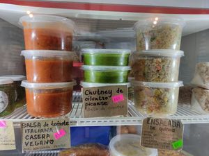 Pesto, salsa, chutney, quinoa salad. Todo vegano at Yu'gupa in Mazunte