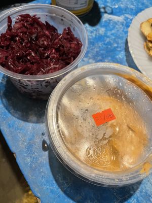 Pickled red cabbage and chipotle hummus -  $80 for each tub  at Yu'gupa in Mazunte