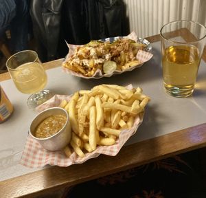  Vegan loaded fries & gf chips & curry sauce  at Pint Shop in Cambridge