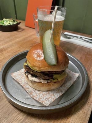 Vegan Burger: Double ‘Moving Mountains’ Patty, Cheese, Pickles, Burger Sauce, House Chips  at Pint Shop in Cambridge