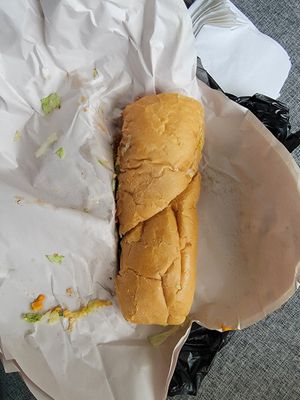 Hot vegan sausage poboy at Plant Bass Vegan Deli in Harvey