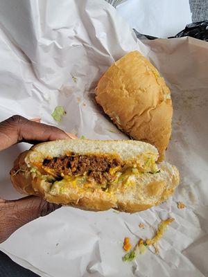 Vegan hot sausage poboy at Plant Bass Vegan Deli in Harvey