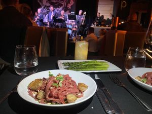 Beet tagliatelle and grilled asparagus   at Herb Alpert's Vibrato Grill Jazz in Los Angeles