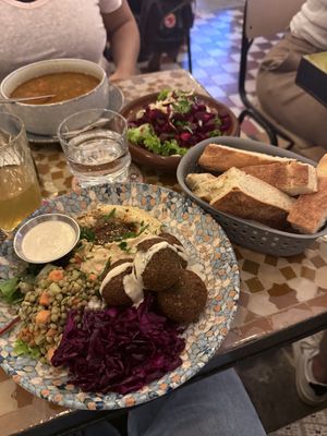 Falafel plate, beetroot salad and lentil soup   at Picknick Cafe - City in Frankfurt