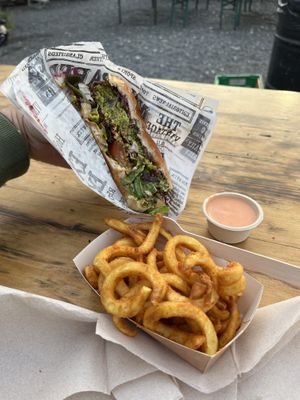 Falafel burger and Curly fries with chilli mayo  at Ibiza bowls in Copenhagen