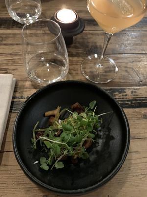 First coarse. Mushrooms and other cooked vegetables   at Høst in Copenhagen