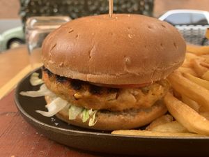 Vegan burger and fries  at La Follia in Rome