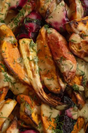 Baked sweet potato, beetroot, parsnip and potato covered with vegan mayonnaise 🍠 at Simple Food Punkt in Sofia