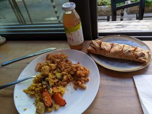 Variety of vegan foods & pumpkin banitsa  at Simple Food Punkt in Sofia