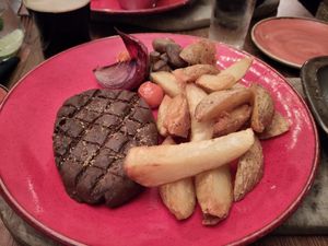 Vegan 8oz gourmet steak with triple-cooked chips at The Old Bath Arms in Frome