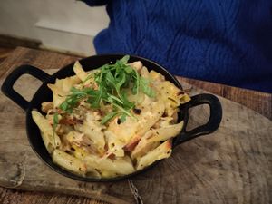 Vegan chicken & bacon carbonara at The Old Bath Arms in Frome