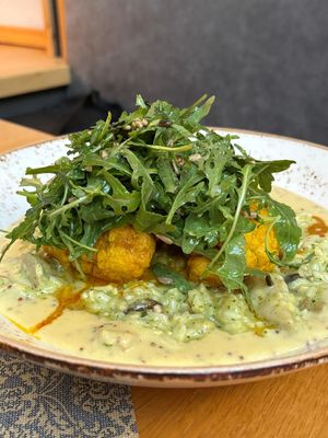 Mariniertes Blumenkohlsteak mit Risotto at Festland in Krummhoern