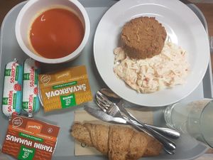 Soya patty with coleslaw, wholemeal croissant, tomato soup at Lunter Kuchyňa in Banska Bystrica