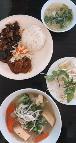 top- 70  rice and sautéed mushrooms, bbq tofu, eggplant   bottom- 50   pho tofu at Veggie Garden in Orlando