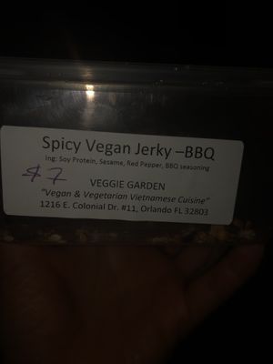 Spicy vegan jerky bbq  at Veggie Garden in Orlando