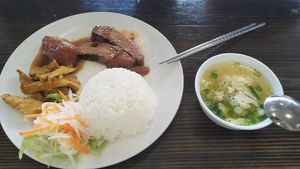 Three choice combination and broth at Veggie Garden in Orlando