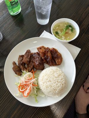 30. combination plate with soy ribs, drumsticks, and seitan. comes with rice, veggies and broth  at Veggie Garden in Orlando