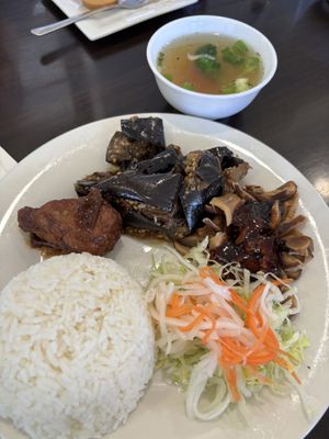 Drum stick, eggplant, mushrooms, rice and soup  at Veggie Garden in Orlando