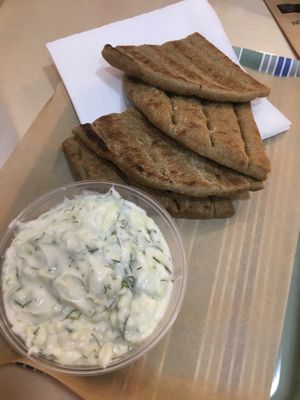 Tzatziki with pita bread  at Mama Tierra - Acropolis in Athens
