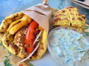 "Chicken" Souvlaki, Tzatziki, and Pita Bread at Mama Tierra - Acropolis in Athens