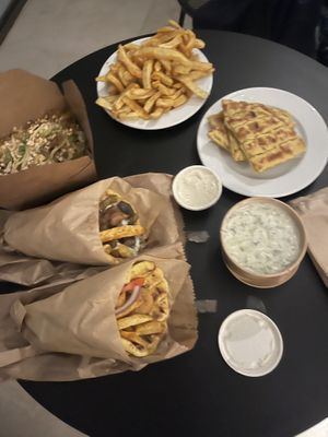 Pad Thai, fries, tzatziki, garlic mayo, all 3 gyros'  at Mama Tierra - Acropolis in Athens