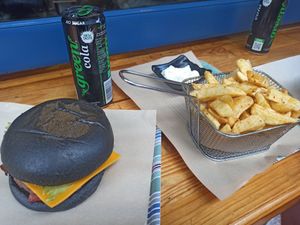 Beyond Burger, Green Cola, fries, garlic mayo at Mama Tierra - Acropolis in Athens