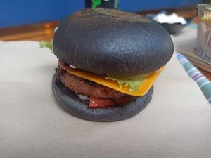 Beyond Burger (charcoal bun) at Mama Tierra - Acropolis in Athens